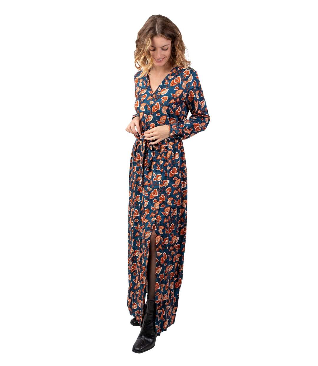 Robe longue hiver en twill de viscose GAYA motif fleuri bleu Coton Du Monde-1