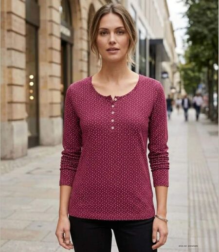MAYFLOWER NOBEL2 : Tee-shirt manches longues fuchsia imprimé avec col boutonné
