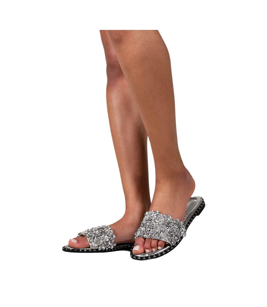 Womens/ladies Poppy Sparkle Diamante Wide Flat Sliders Silver Where´s That From-1