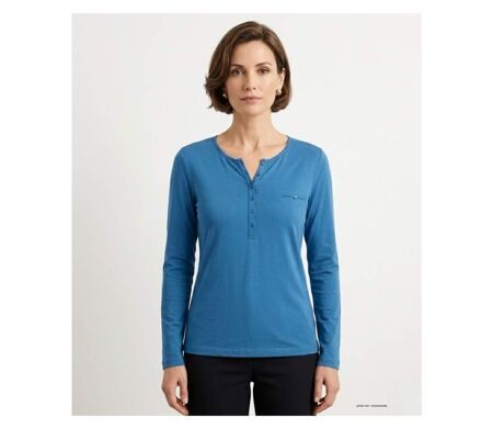 MAYFLOWER NOVICE2 – Tee-shirt manches longues bleu col tunisien satin pour un style chic et fluide