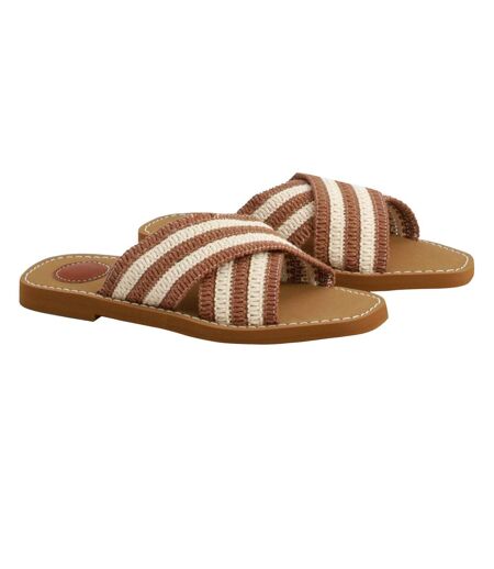 Womens/ladies Arizona Striped Crossover Strap Flip Flops Mocha Beige Where´s That From