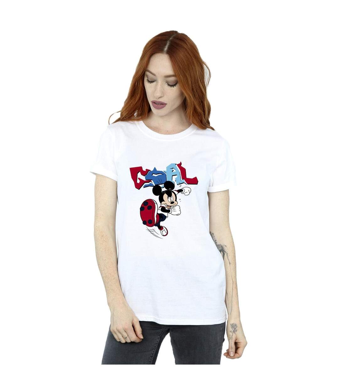 Disney T-shirt boyfriend en coton Mickey Mouse Goal Striker Pose Womens/Ladies (Blanc) - UTBI38579-2