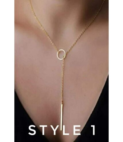 Gold Silver Single Long Slim Bar Drop Y Shape Circle Interlock Lariat Necklace