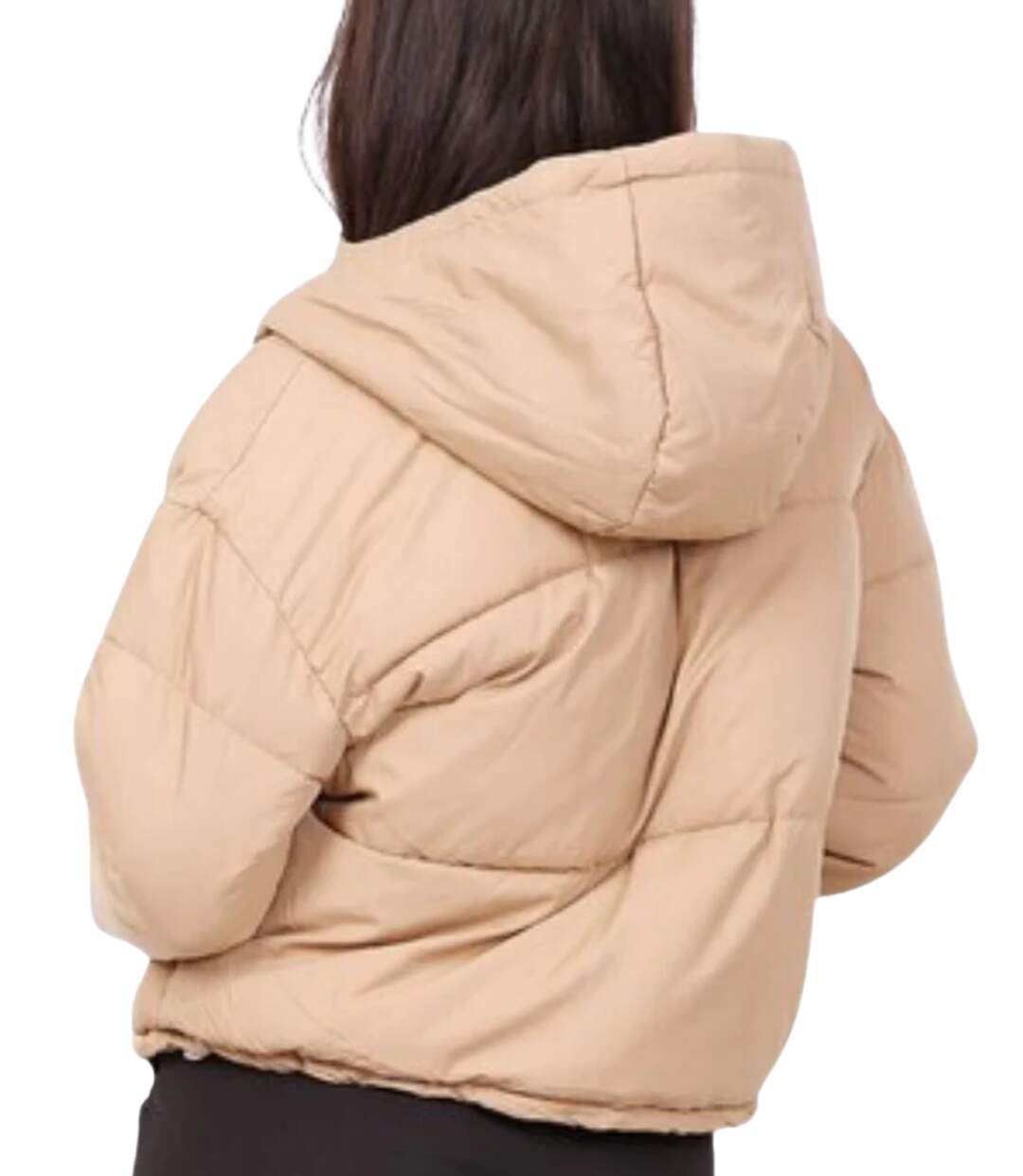 Doudoune courte pour femme en camel avec capuche amovible et poches pratiques-2