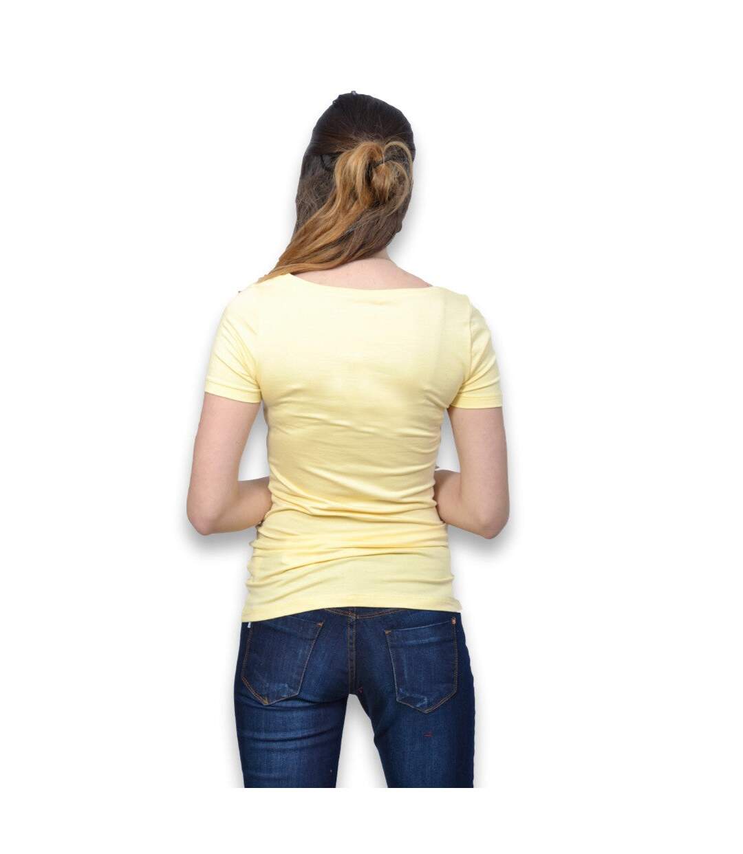 Tee shirt manches courtes femme de couleur jaune col rond