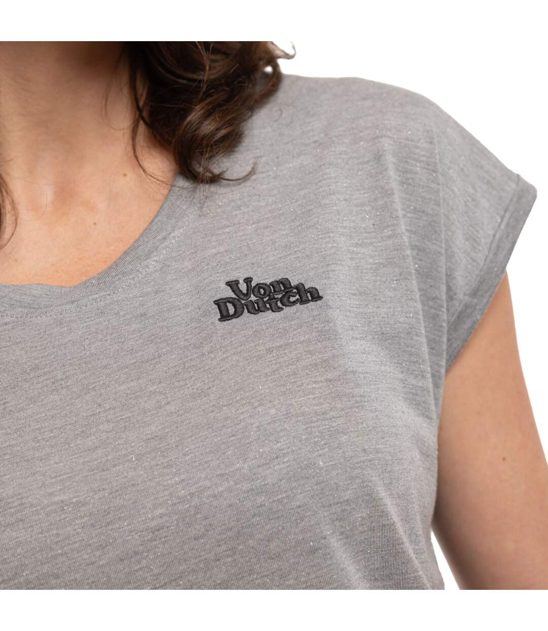 T-shirt femme sans manches col V fil brillant avec broderie Lurex Vondutch-2