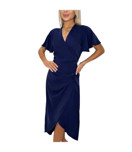 Womens/ladies Polyester Buckle Detail Flutter Wrap Dress Navy AX Paris