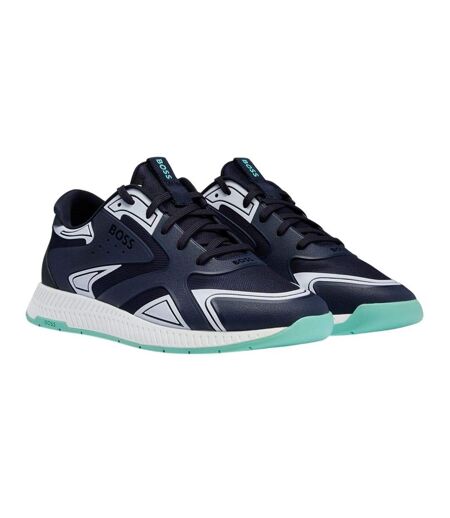 Mens Titanium Leather Running Trainers Blue Boss