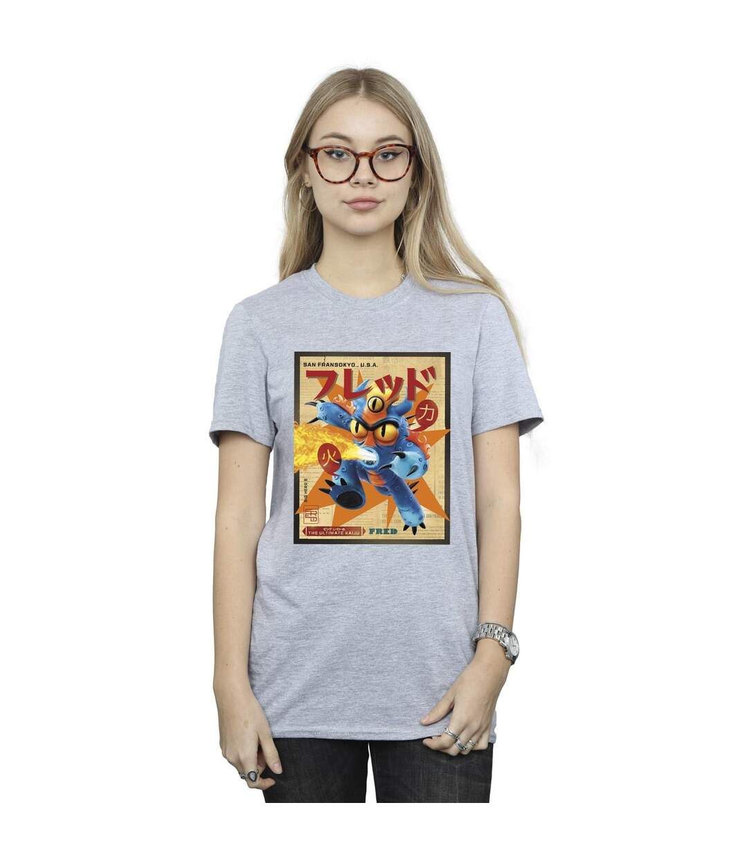 Disney Femme/Les femmes Big Hero 6 Baymax Fred Newspaper Coton Boyfriend T-Shirt (Gris sportif) - UTBI15495-2