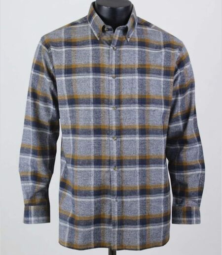 CHALLENGER CH5024 FLANELLE — Chemise à carreaux manches longues bleu et camel : confort thermique en Coton gratté