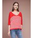 Pull femme rayé - Pull col en V - Manches 3/4 - Couleur rouge-5