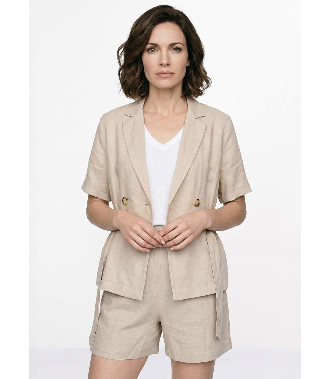 Veste ceinturée manches courtes avec lin-1