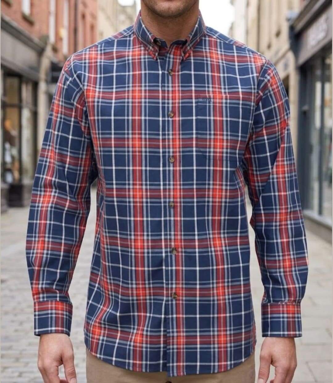 CHALLENGER TEMPETE1 — Chemise à carreaux manches longues bleu et orange : le confort durable en pur coton-1
