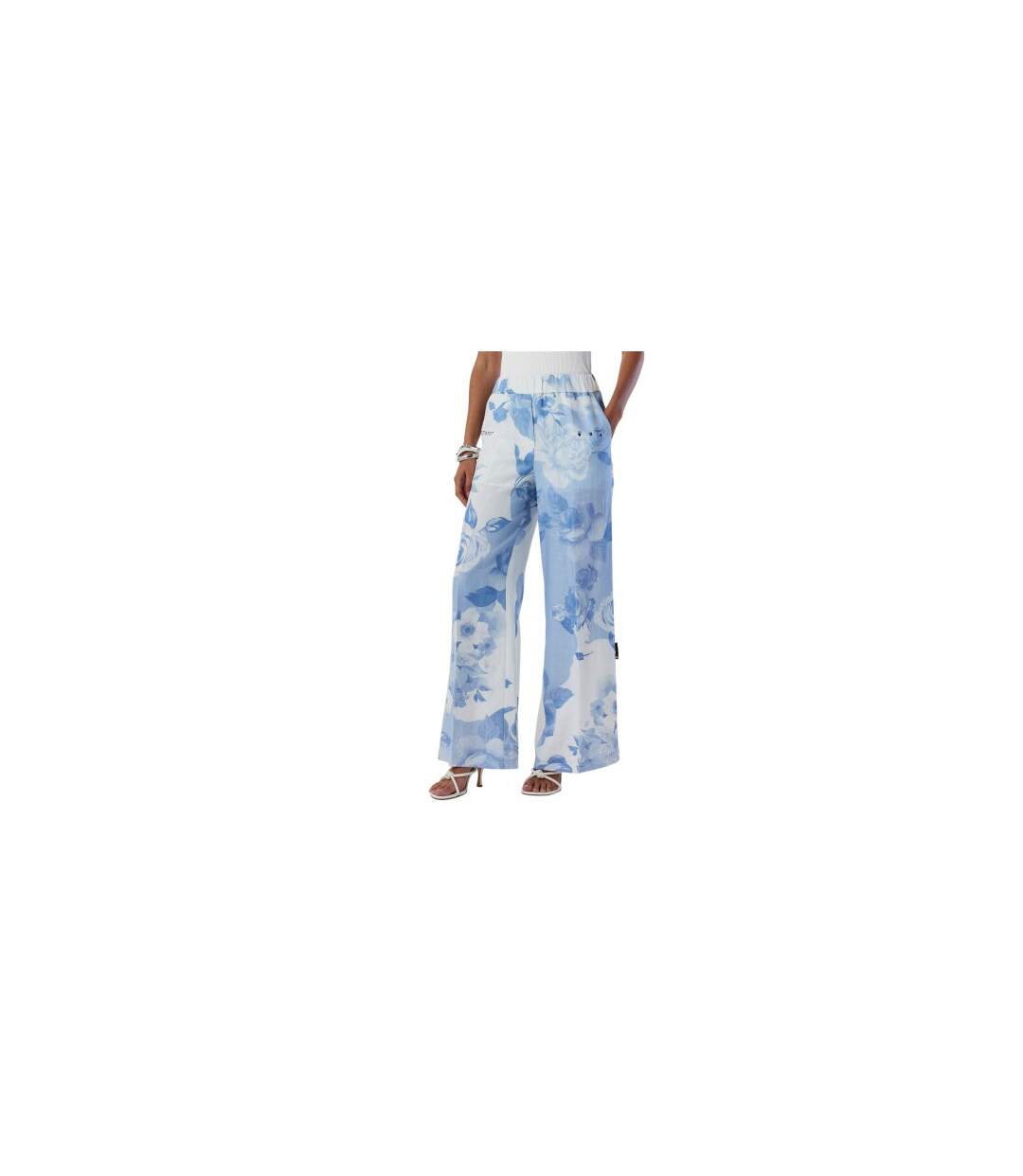 Womens/ladies Knitted Pull-on Wide Leg Trousers White Blue Off-White-1