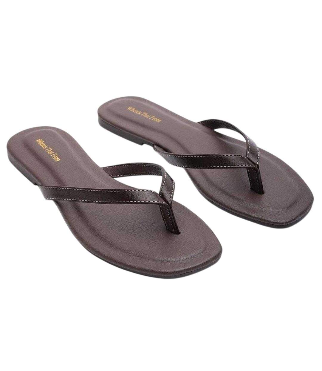 Womens/ladies Contrast Detail Faux Leather Flat Flip Flops Dark Brown Where´s That From-3