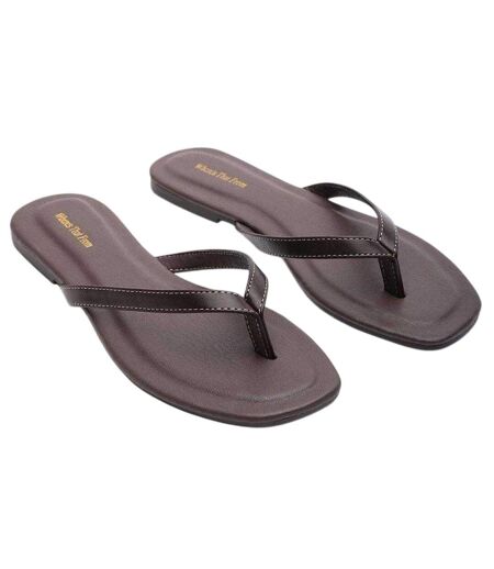 Womens/ladies Contrast Detail Faux Leather Flat Flip Flops Dark Brown Where´s That From