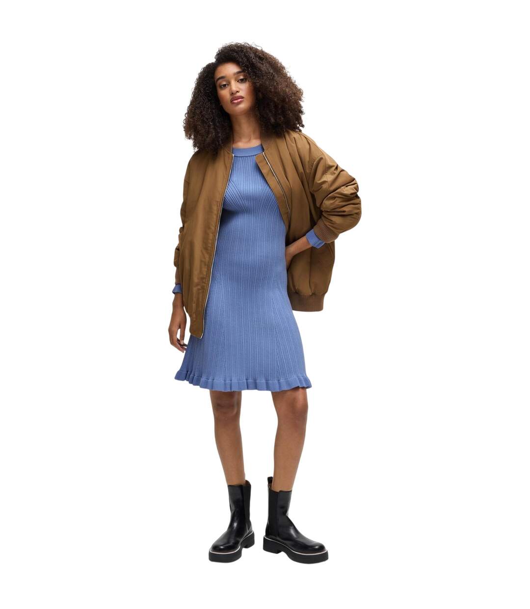 Womens/ladies Crew Neck Long-sleeved Sweater Dress Bright Blue Boss-1