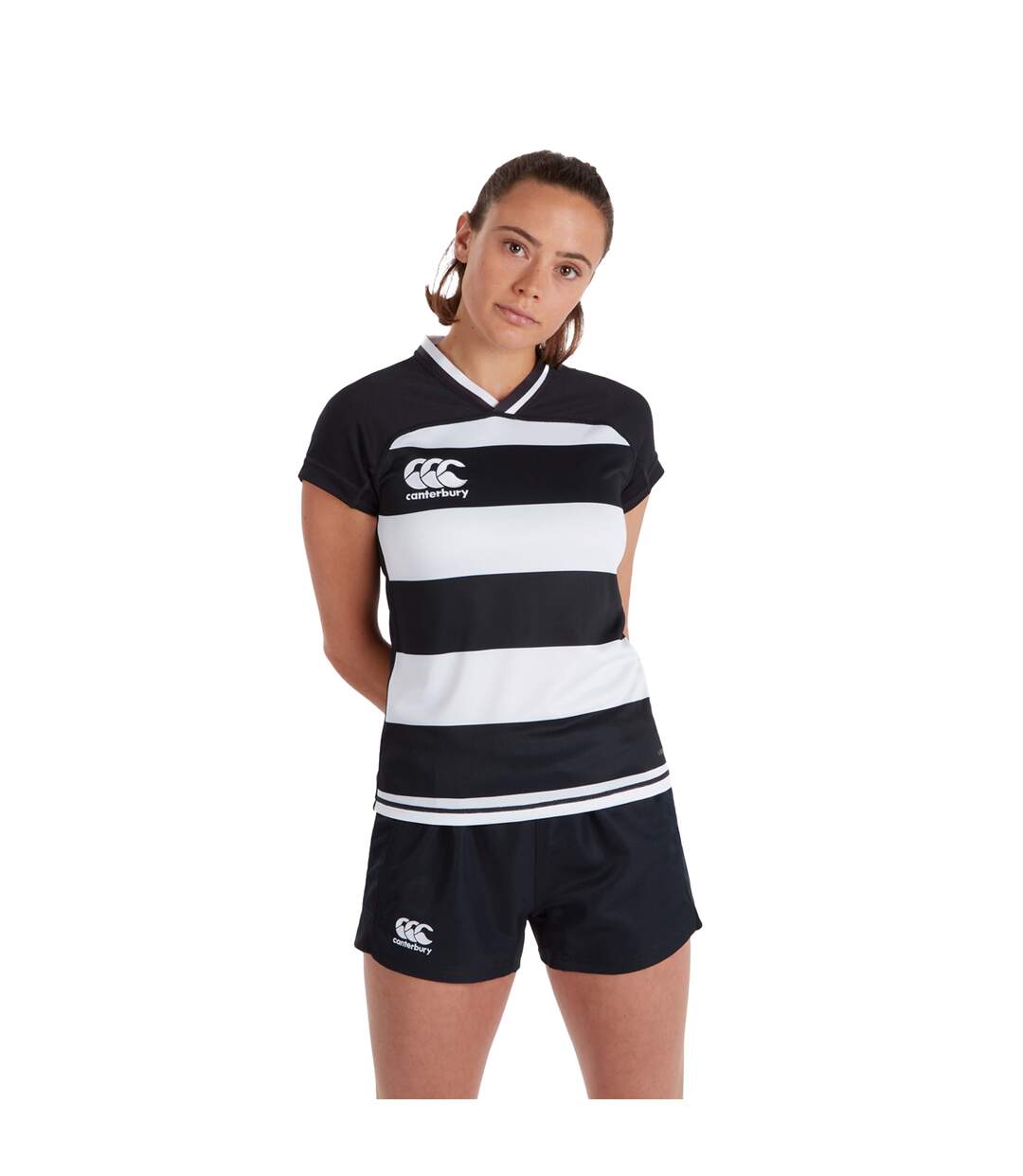 Womens/ladies Evader Hooped Vapodri Jersey Black Canterbury-1