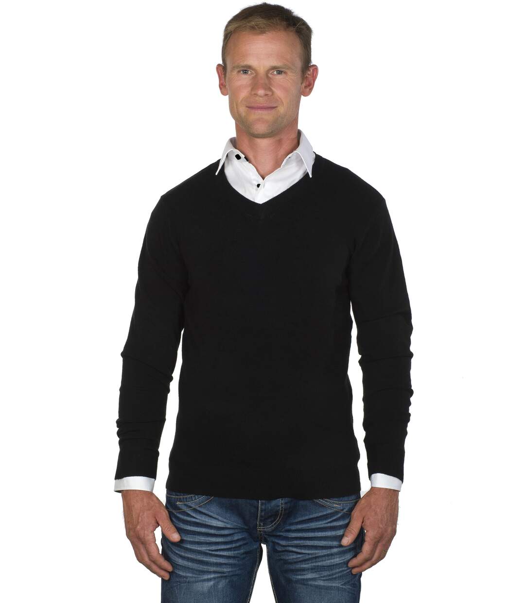 Pull chemise homme laine col V noir / blanc-1