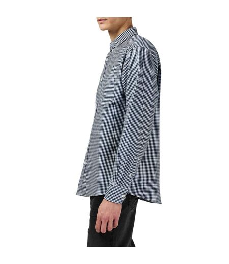 Mens Patterned Poplin Long-sleeved Shirt Navy Gingham Fabric