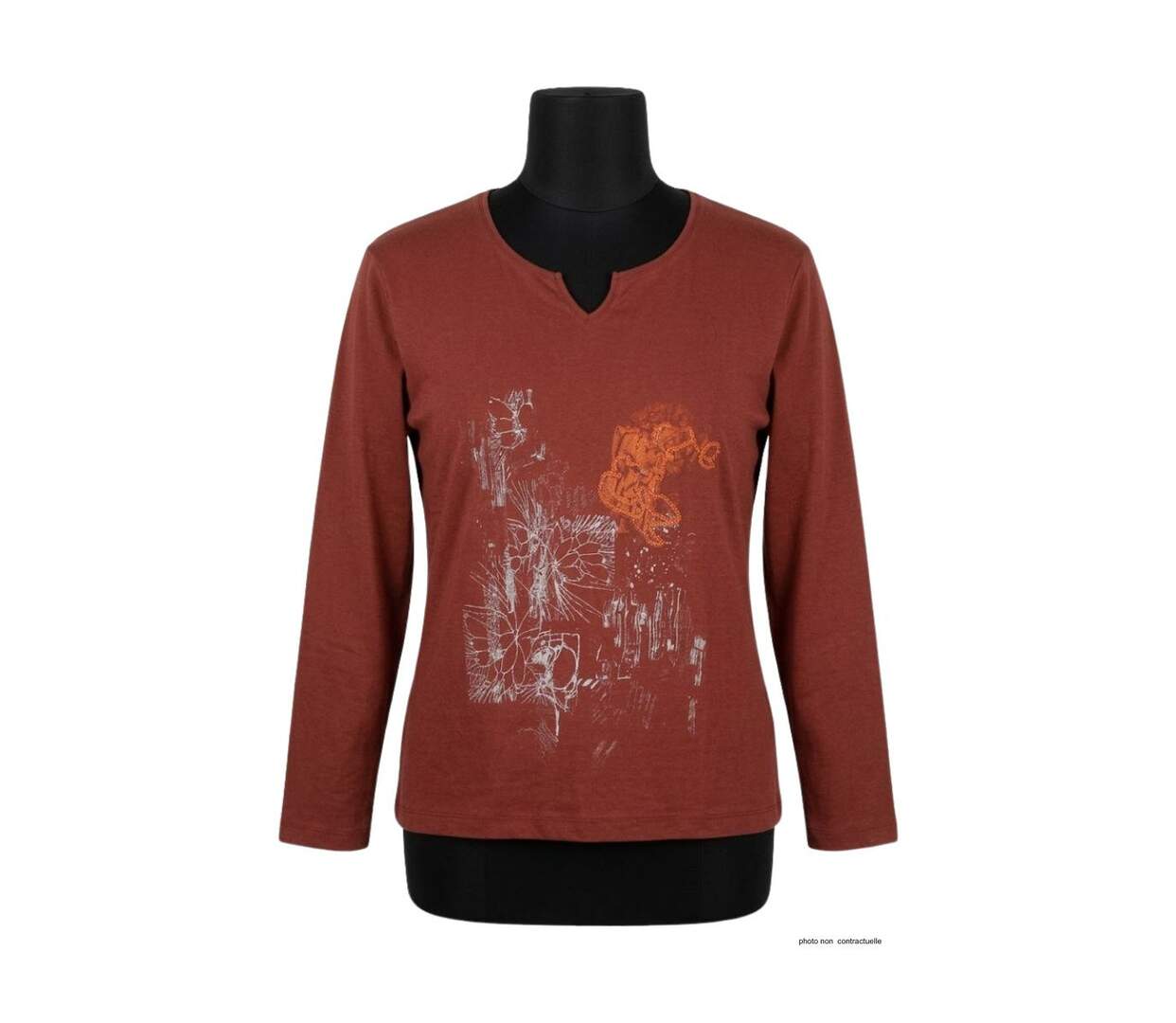 AXONE CHALON2B - Tee-shirt bordeaux manches longues col V avec imprimé devant et bas fendu-3