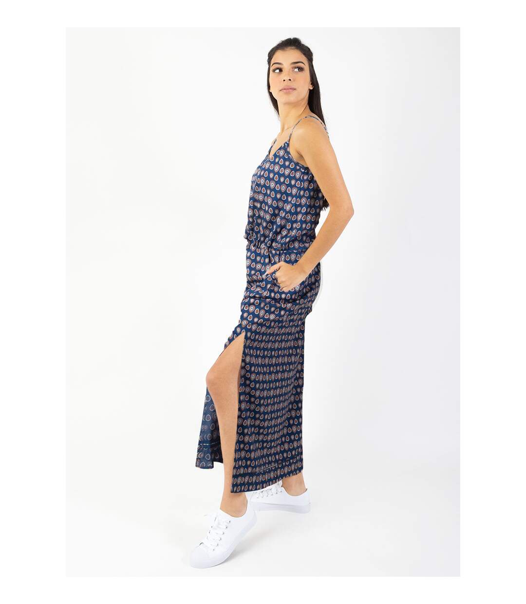 Robe longue fendue fines bretelles ALBA imprimé ethnique bleu Coton Du Monde