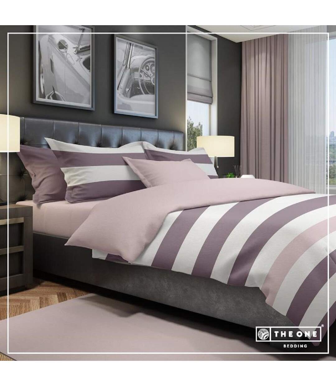 Housse de couette - REF T1-BSTRIPE140 - violet prune-mauve et blanc-1