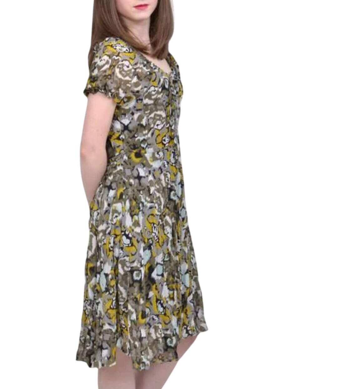 Robe femme manches courtes, imprimée kaki, longueur genoux - Original et féminine-3