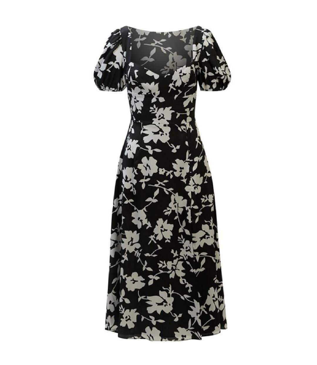 Robe Mi-longue Manches Bouffantes Motif/style Floral Gillian Femme Noir Blanc Bardot-2