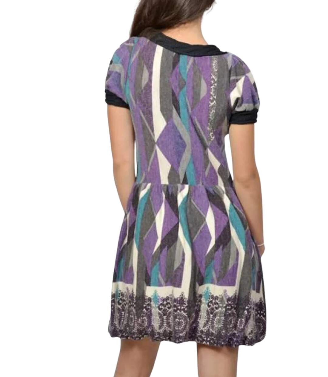 Robe femme violette à  manches courtes et col rond, parfaite pour une journée décontractée-2