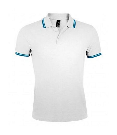 SOLS Mens Pasadena Tipped Short Sleeve Pique Polo Shirt (White/Aqua Blue)