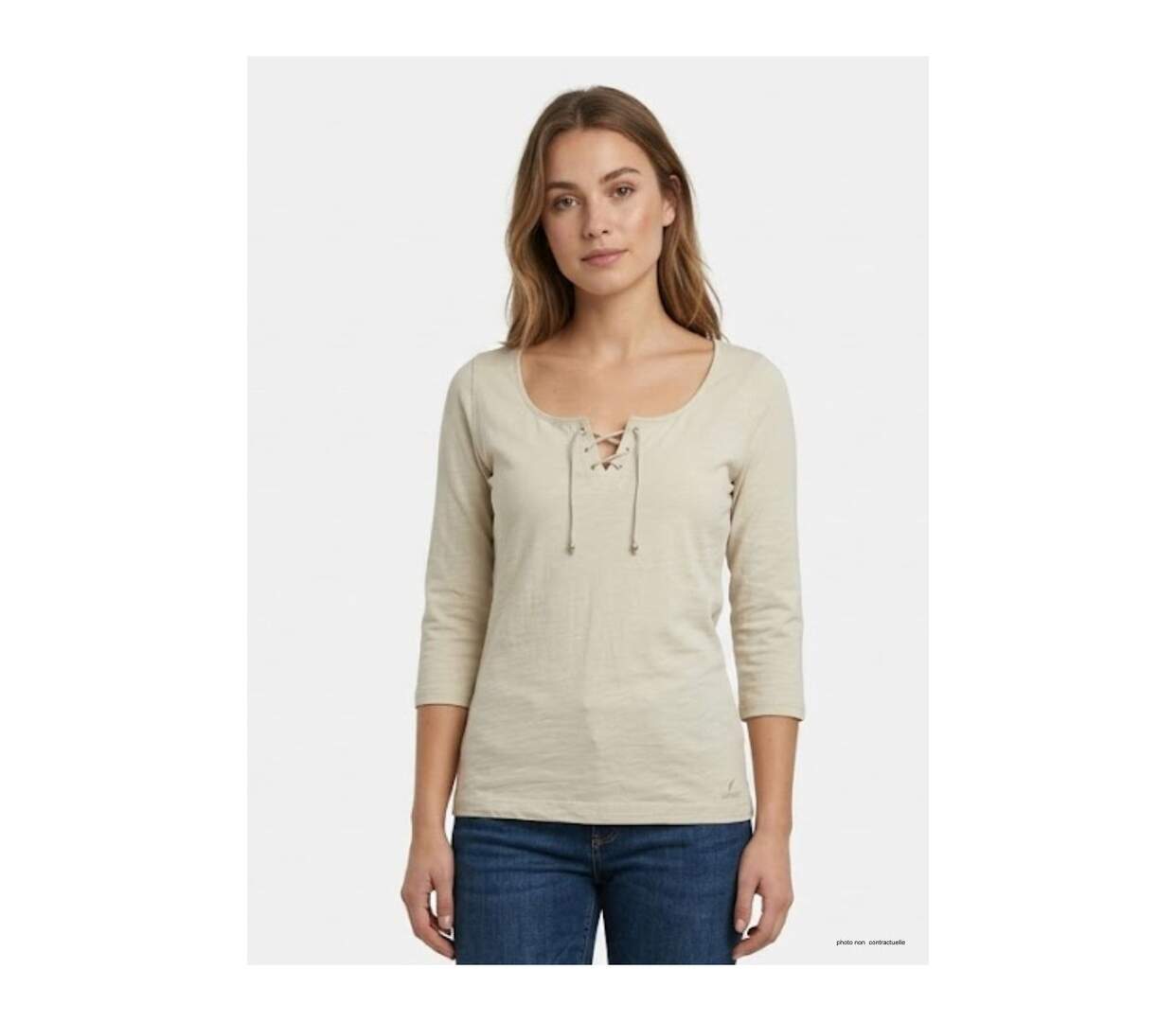 MAYFLOWER DOUGLAS2 - Tee-shirt beige manches 3/4 en maille flammée et col V à lacets-1