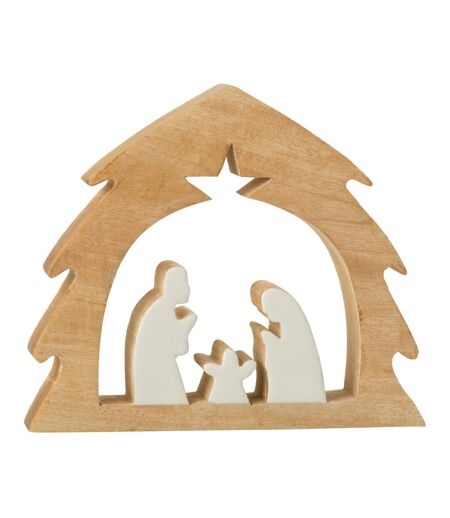 Crèche Sapin en Bois Ajourée 27cm Blanc & Naturel