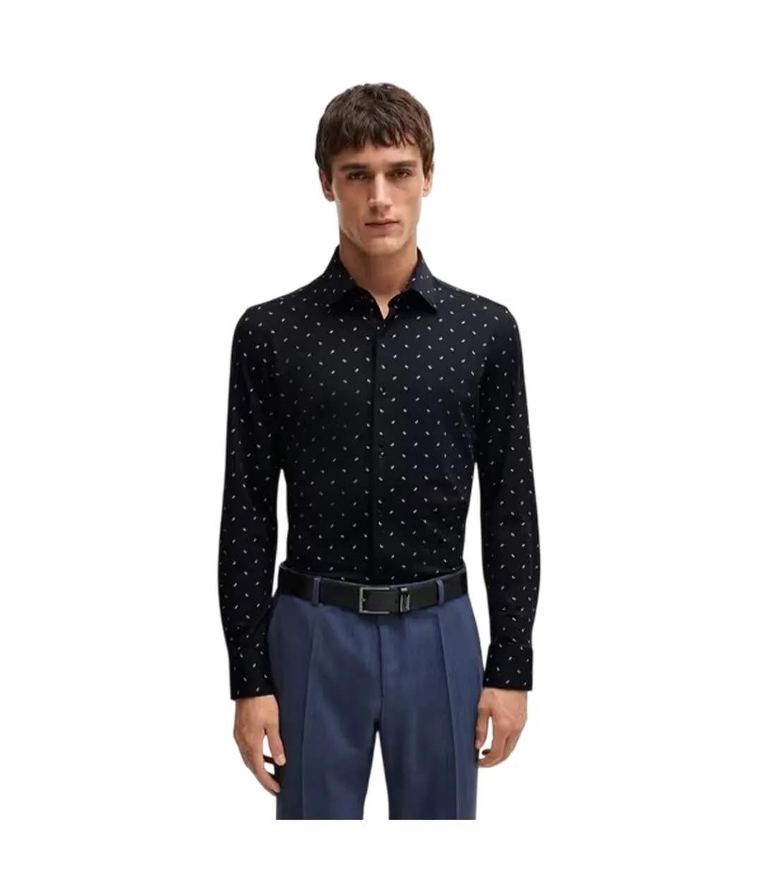 Mens Dotted Point Collar Long-sleeved Shirt Dark Blue Boss-4