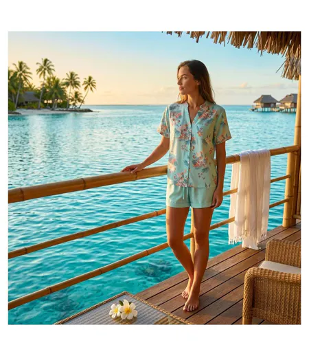 OZABI Pack 2 Pyjamas Courts Femme, Imprimé Tropical Col V Mao Short Fluide