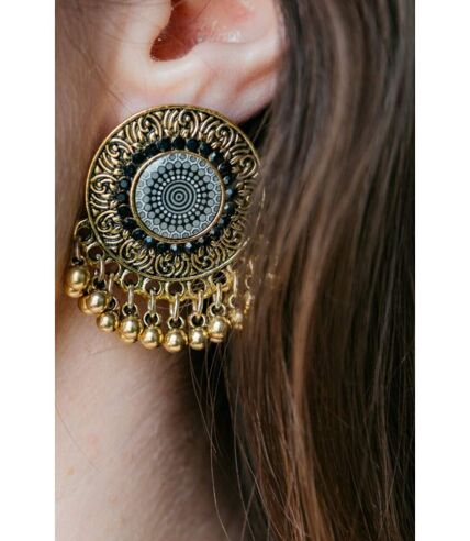 Golden Round Disc Bell Button Indian Asian Muslim Ethnic Stud Earrings