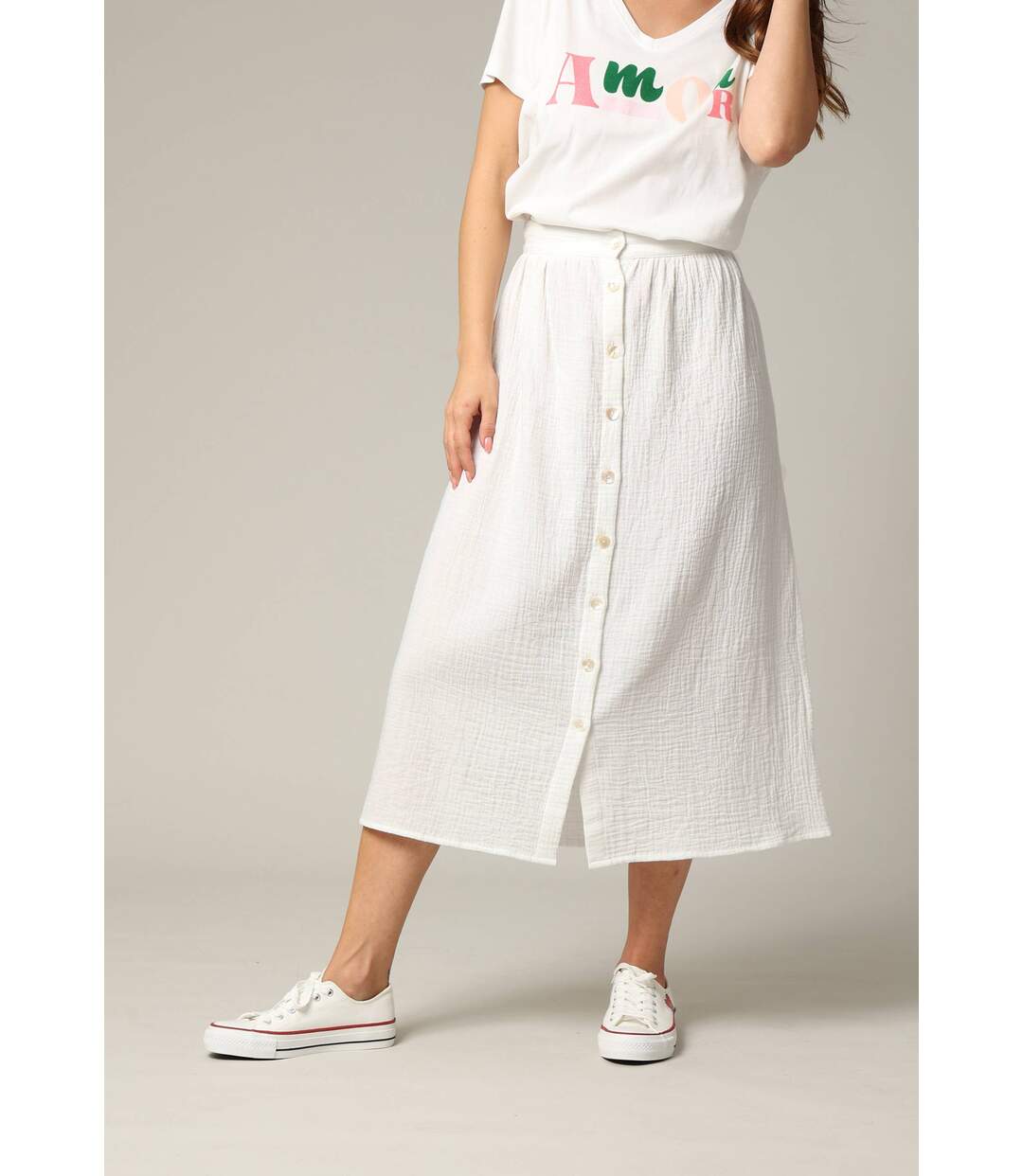 Jupe midi en gaze de coton jaune avec boutons TINLEY-2