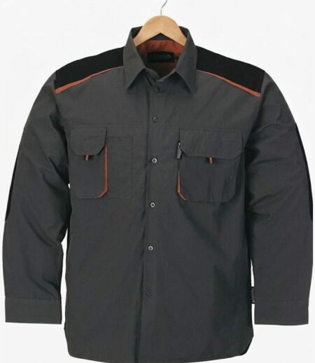TERRATREND 3108 — Chemise à carreaux manches longues gris, noir et orange : robustesse polycoton et renforts Oxford