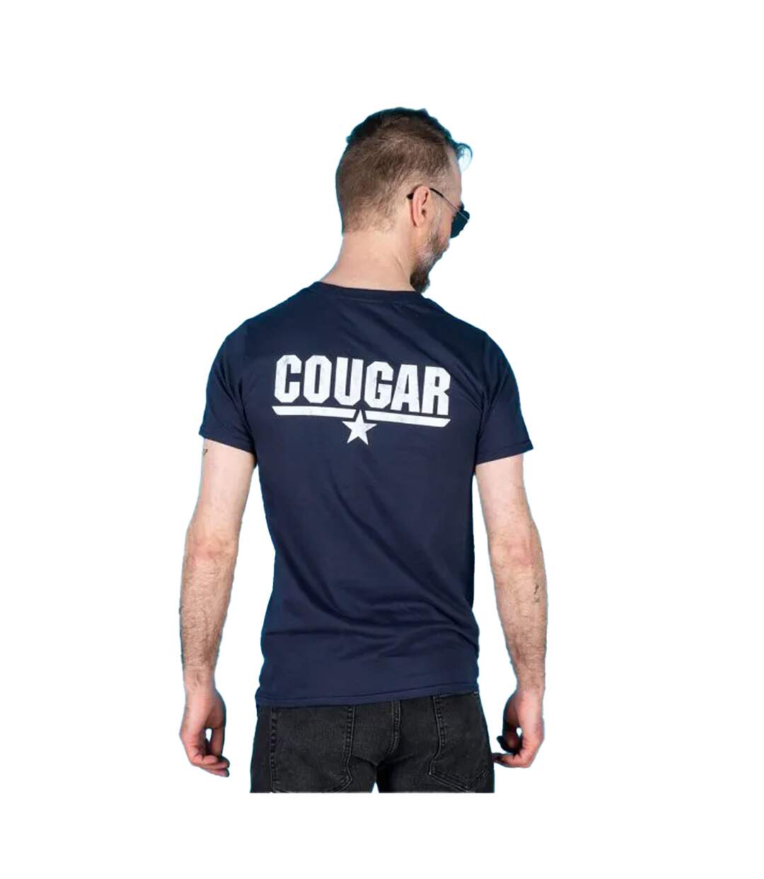Mens Cougar Back Print T-shirt Blue Top Gun-4