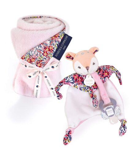 Ensemble plaid + doudou sucette polyester collection DUO BOH'AIME rose 2 pièces