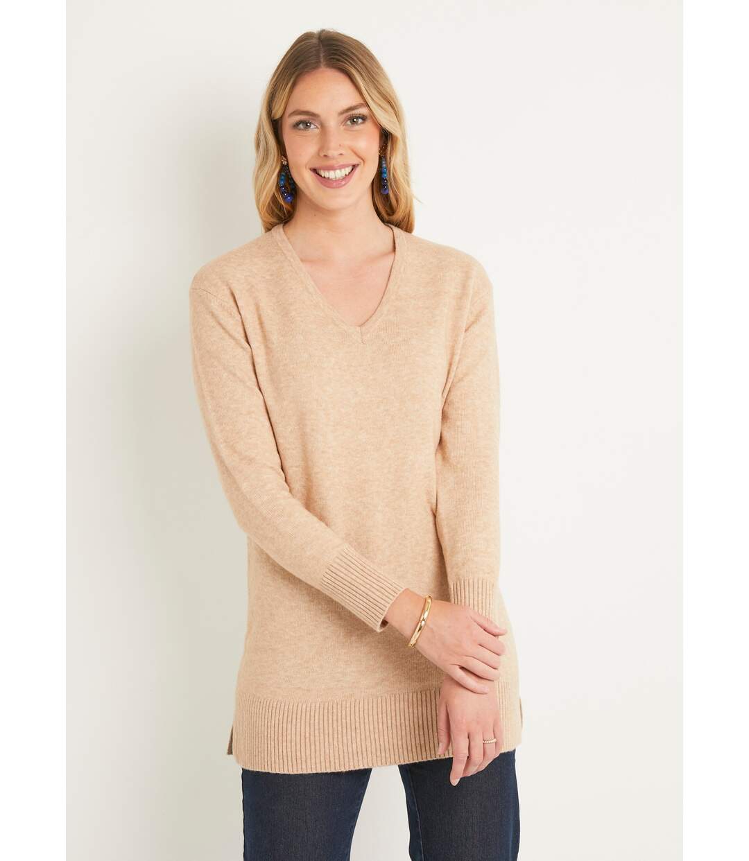 Pull tunique chiné long col V avec laine-1