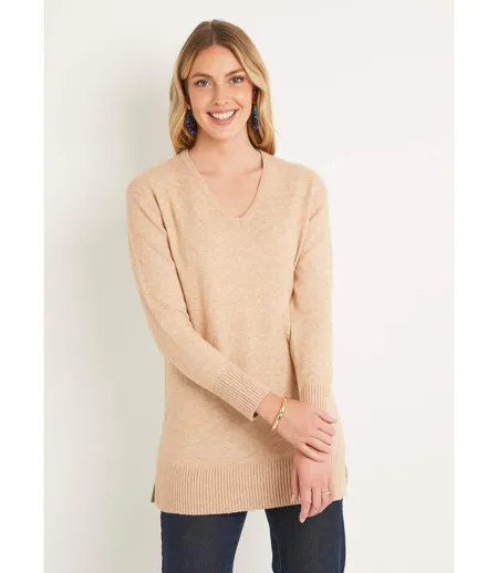 Pull tunique chiné long col V avec laine