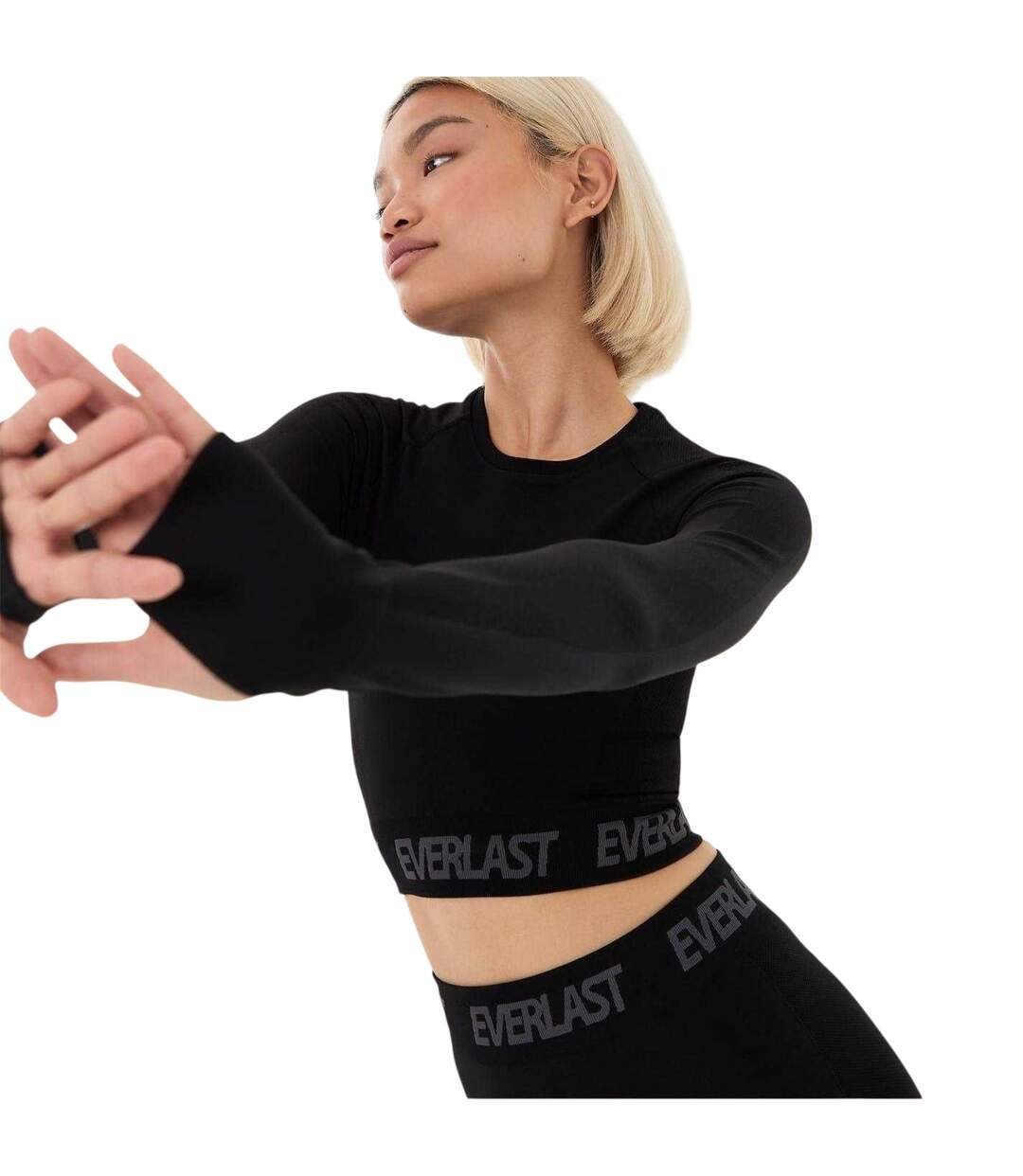 Womens/ladies Seamless Long-sleeved Crop Top Jet Black Everlast-4
