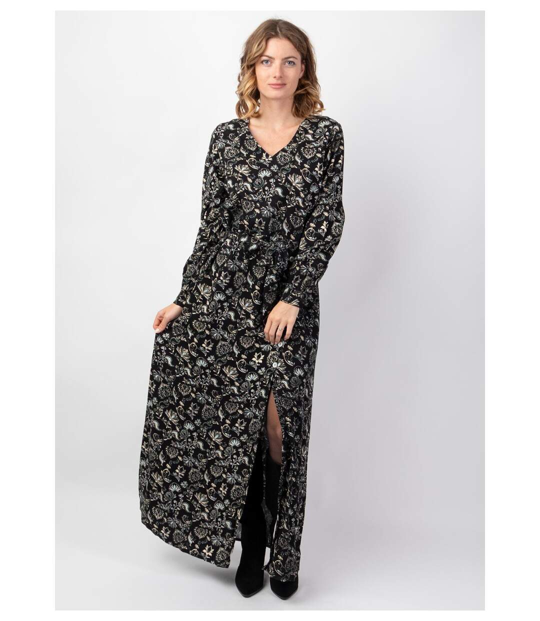 Robe longue hiver en twill de viscose GAYA motif ethnique noir Coton Du Monde-2