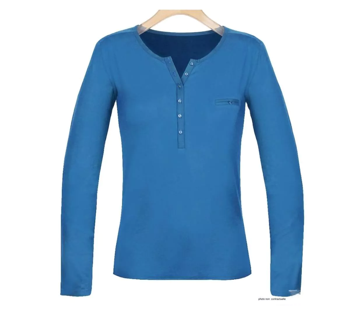 MAYFLOWER NOVICE2 – Tee-shirt manches longues bleu col tunisien satin pour un style chic et fluide-2