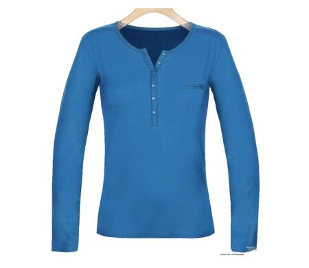 MAYFLOWER NOVICE2 – Tee-shirt manches longues bleu col tunisien satin pour un style chic et fluide
