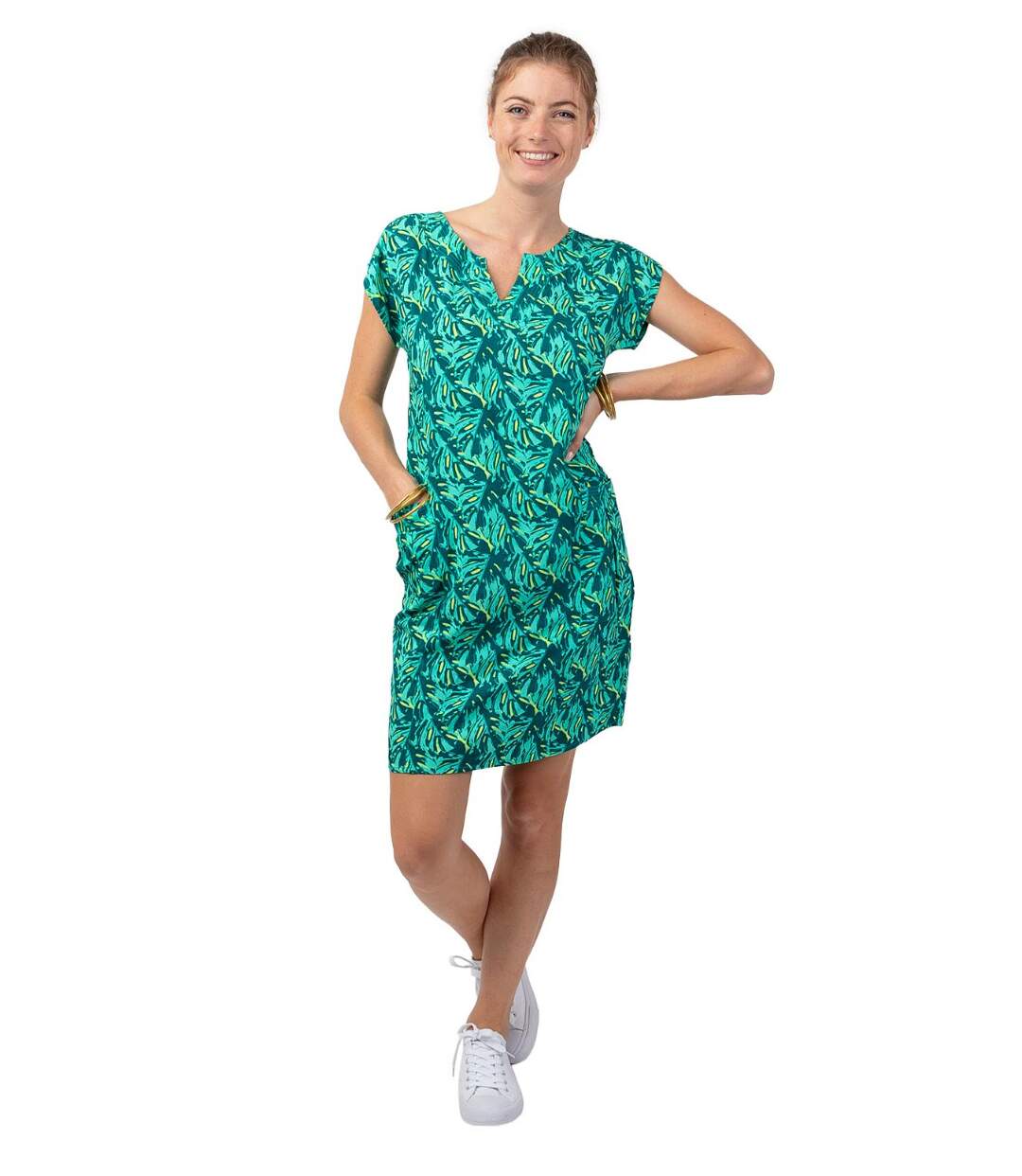 Robe femme été coton manches courtes ERIKA motif tropical vert Coton Du Monde