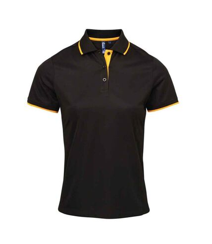 Womens/ladies coolchecker contrast pique polo shirt black/sunflower Premier