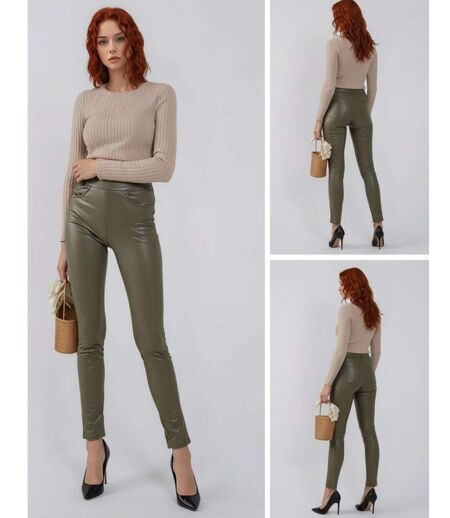 Legging femme avec poches - Couleur kaki - Simili cuir - Taille haute - Looks décontractés