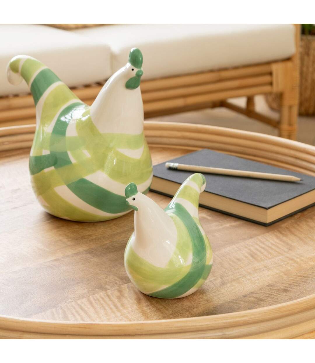 Lot de 3 Statuettes Coqs Lignes 25cm Vert-3